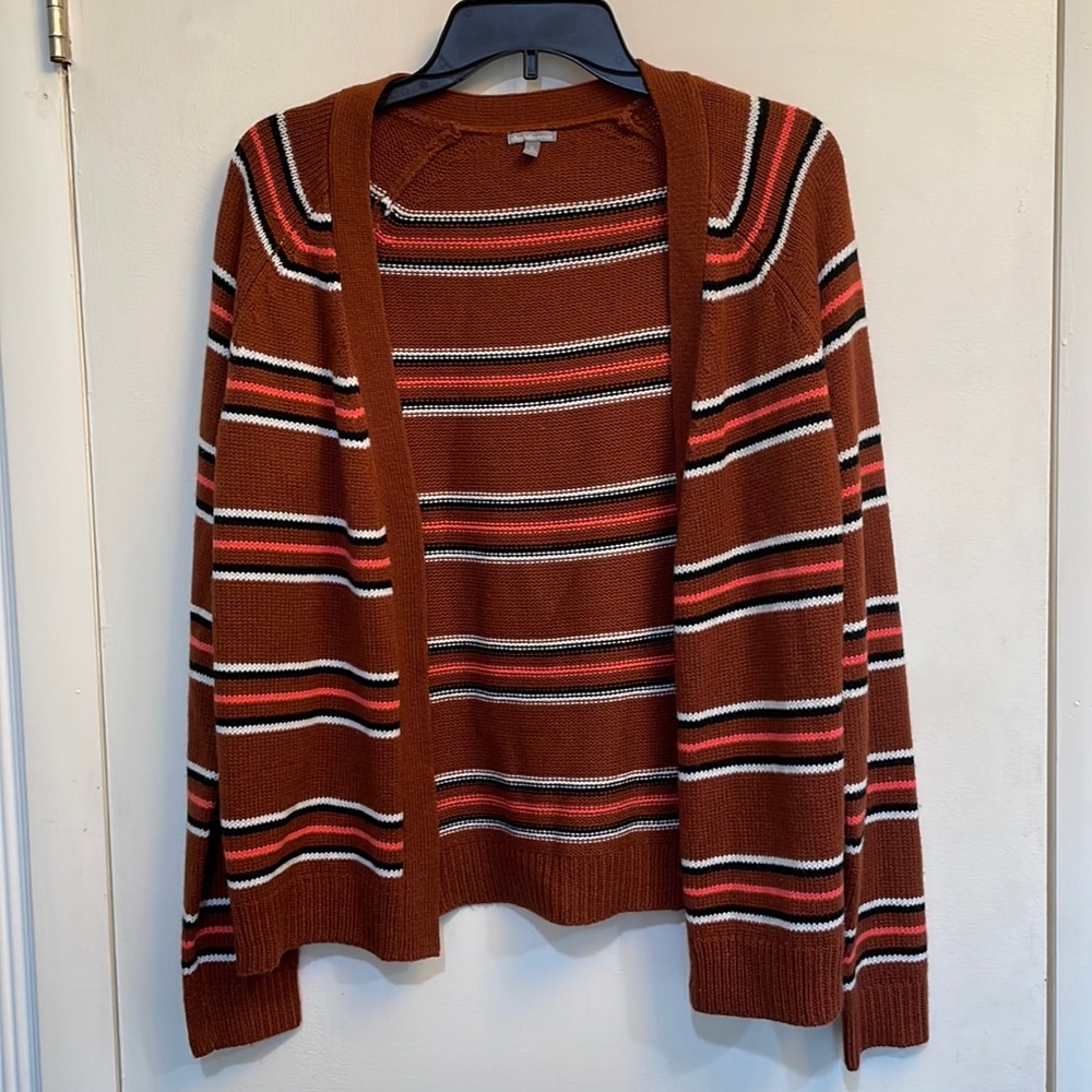 Cute striped orangey brown cardigan with black, white, & pink! Worn only twice!